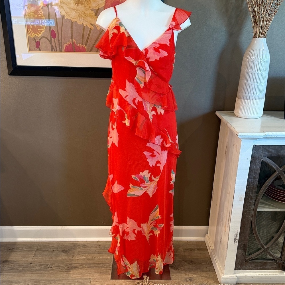 FUTURE COLLECTIVE Jenee Naylor Red Floral Ruffle Maxi Dress Medium Fairy Boho